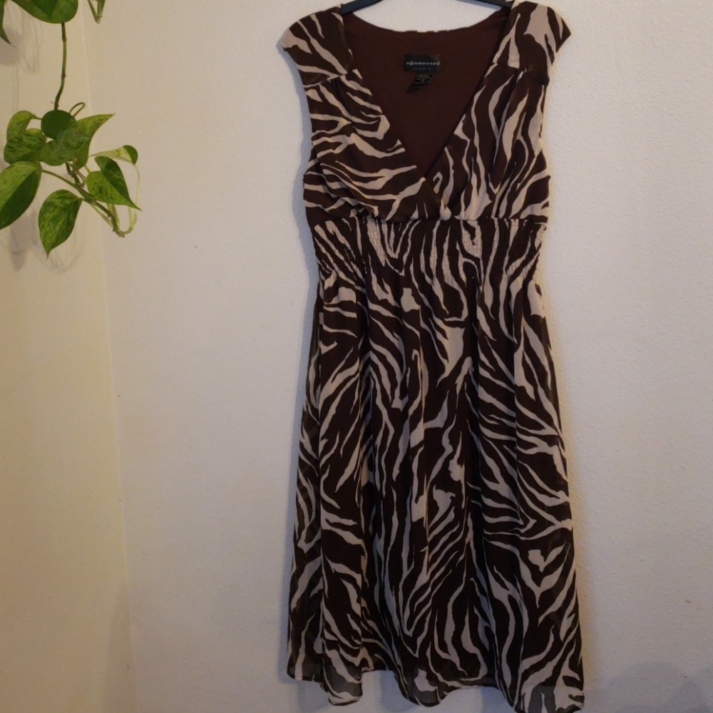 Connected Apparel Dress V Neck Brown Cream